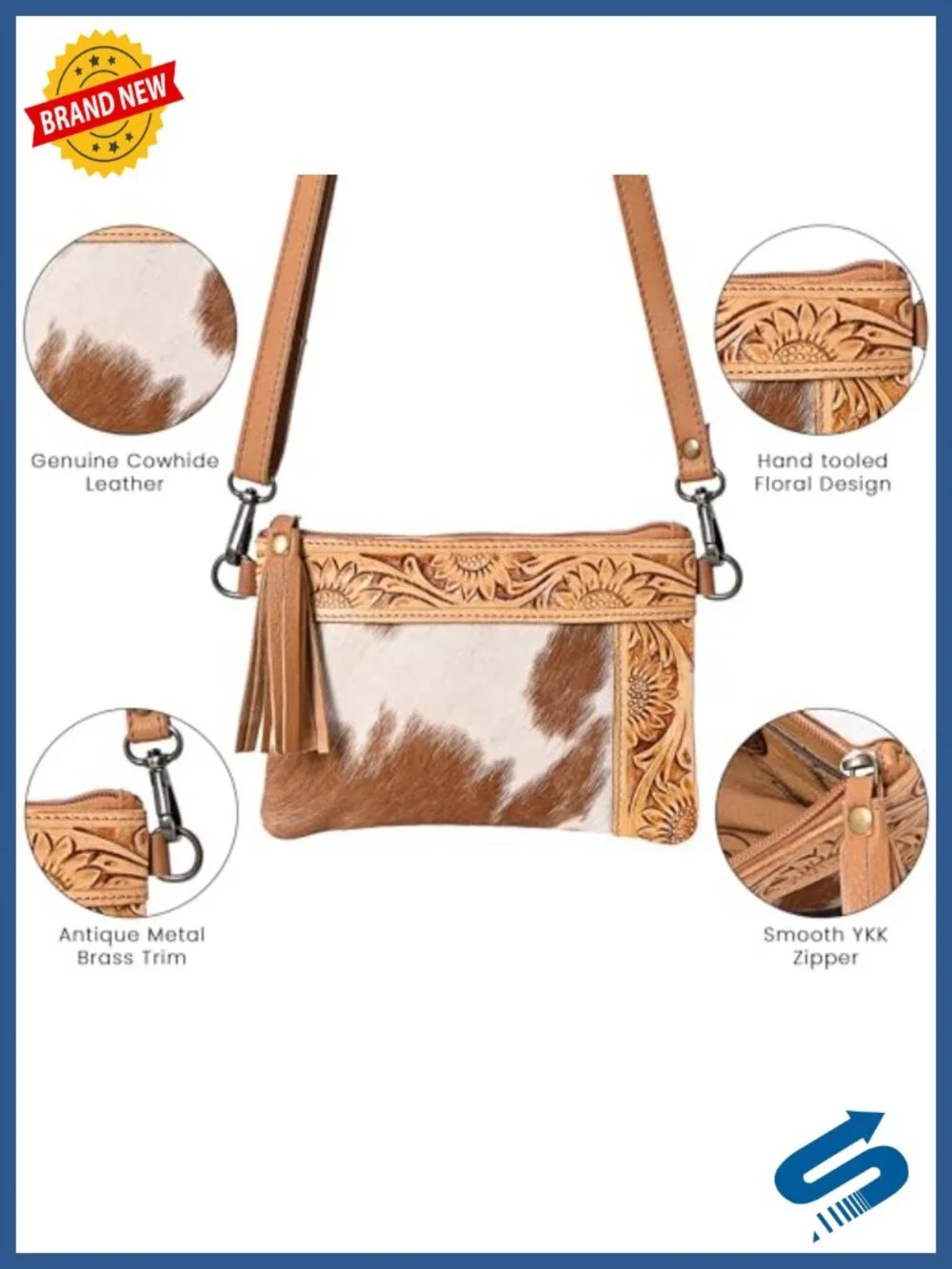Genuine Cowhide Leather Crossbody Bag with Adjustable Strap